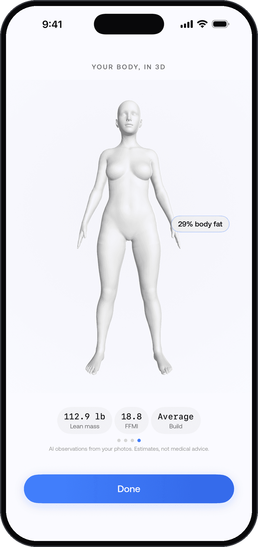 A body scan result in the Dalia app: a 3D model marked 29% body fat, with lean mass 112.9 pounds, FFMI 18.8 and an average build.