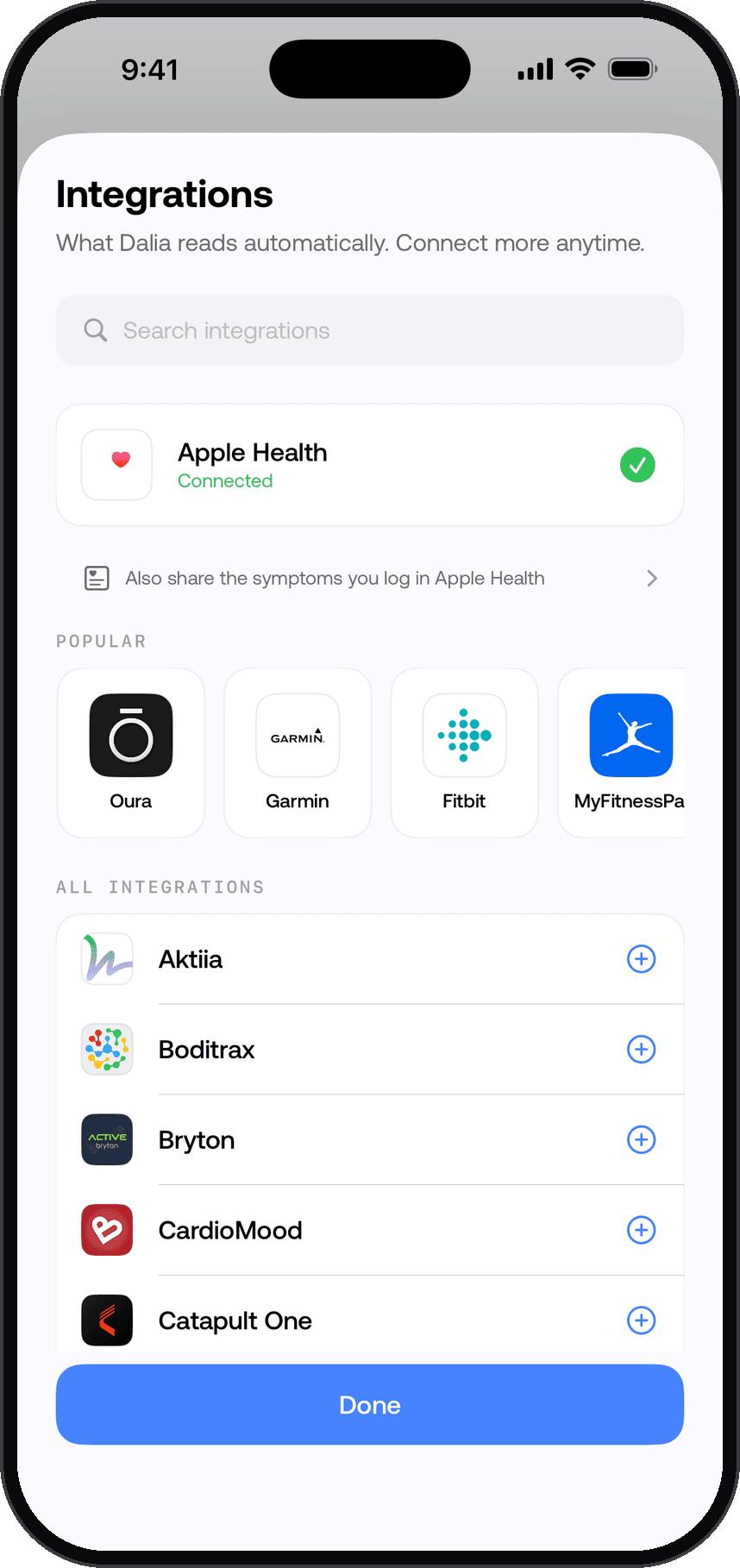 The integrations screen in the Dalia app: Apple Health connected, with Oura, Garmin, Fitbit and MyFitnessPal under Popular.