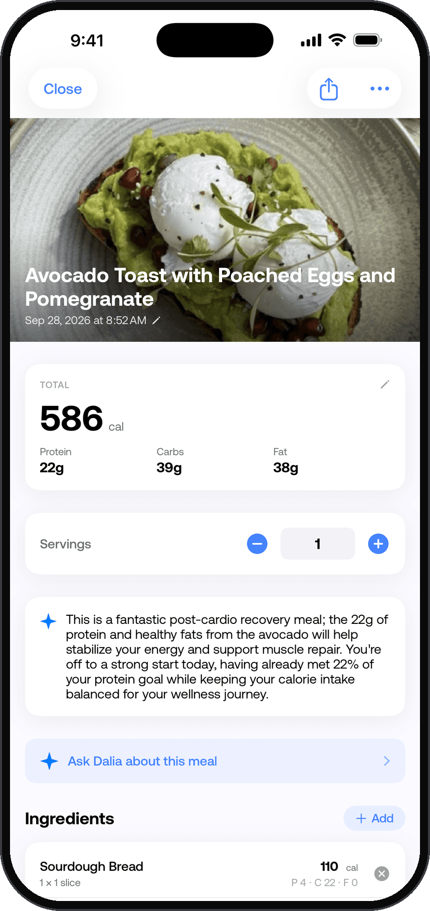 A logged meal in Dalia: avocado toast with poached eggs and pomegranate, 586 calories, 22 grams protein, 39 grams carbs, 38 grams fat.