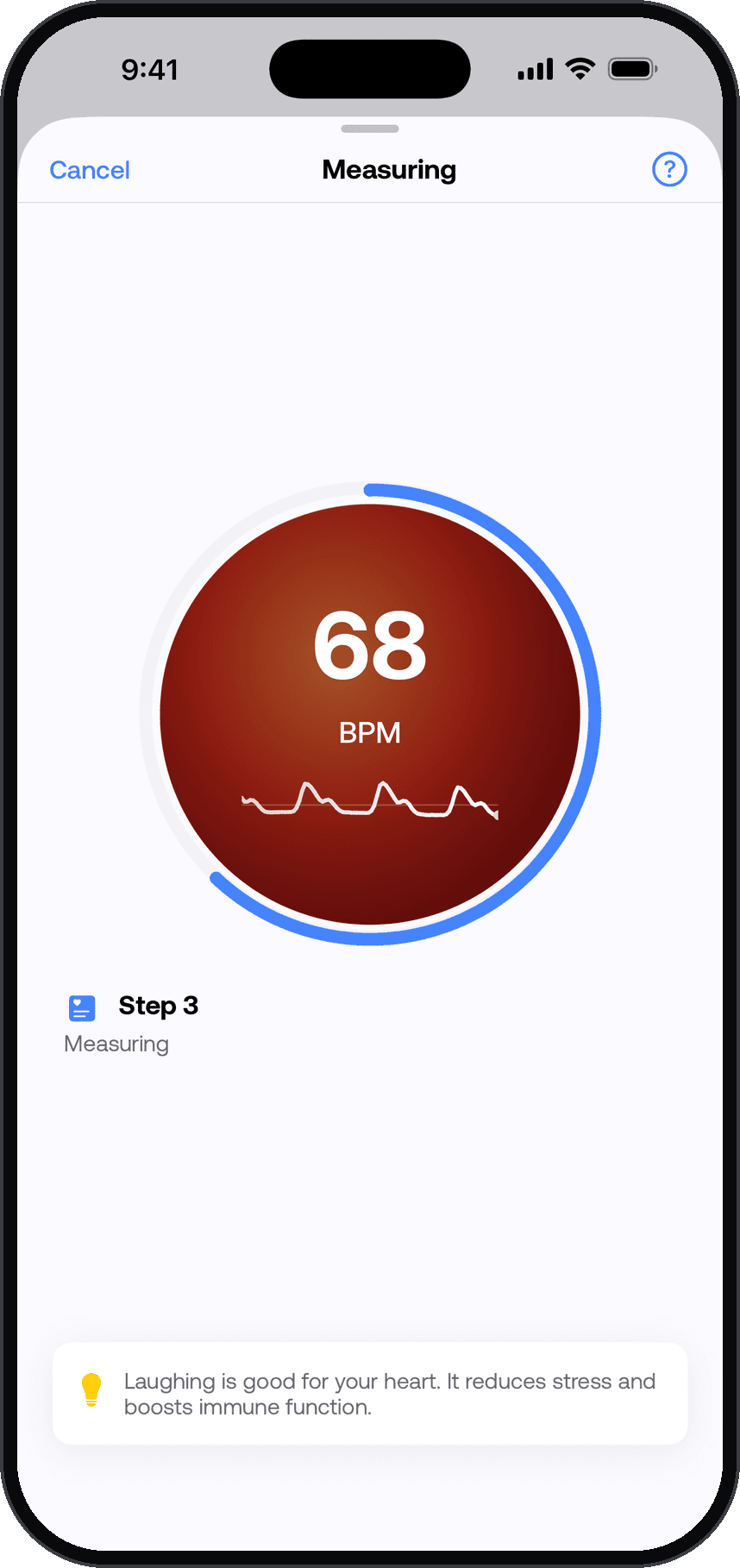 VitalTouch mid-reading: 68 beats per minute, shown with sample data.