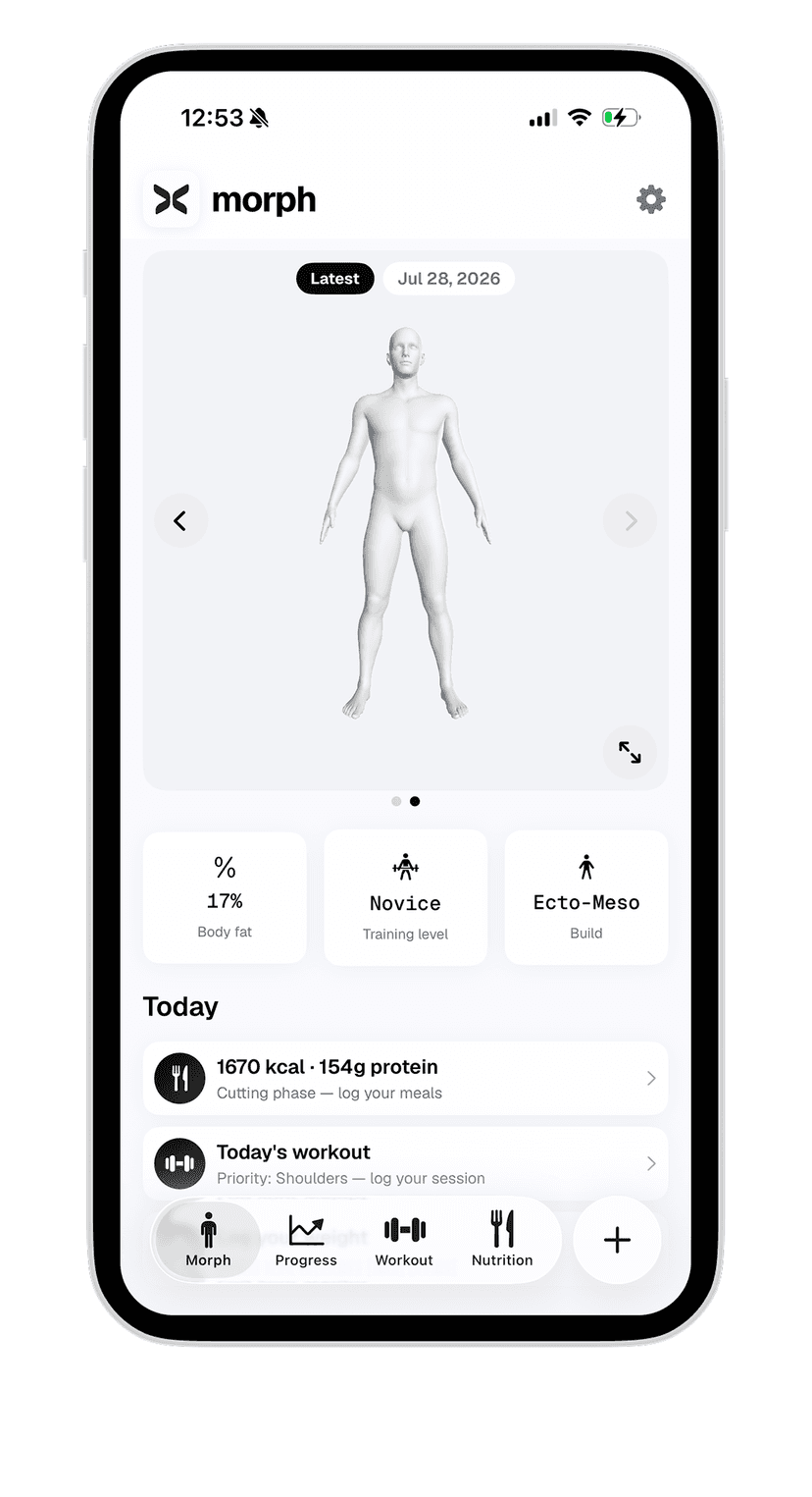 Morph app showing a 3D body scan with body fat, training level, and build