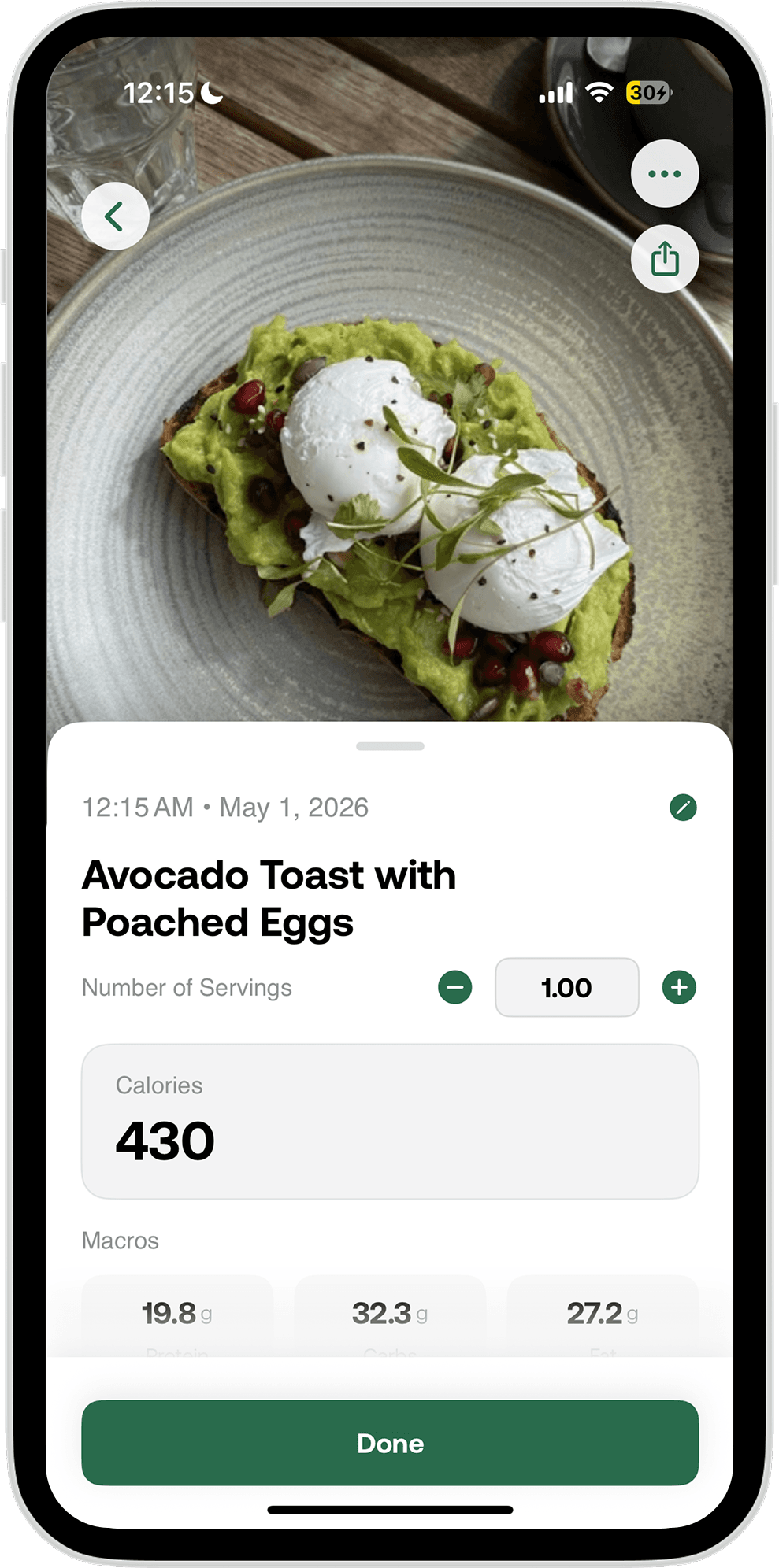 AI-identified meal with calories and macros