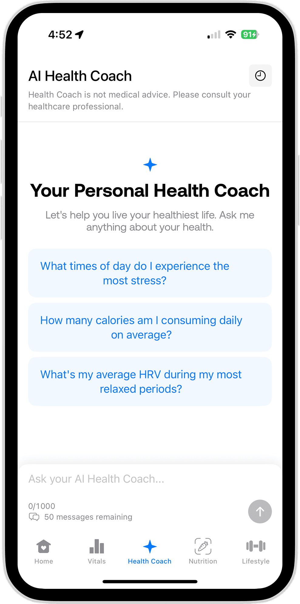 Dalia AI Health Coach with suggested questions about stress, calories, and HRV