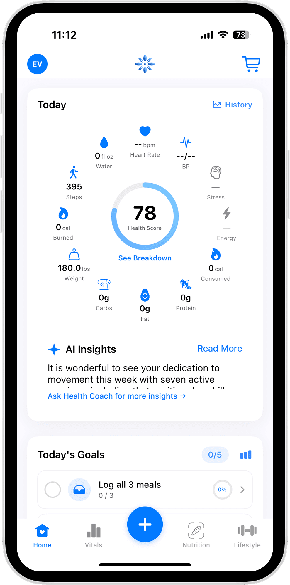 Daily health score in Dalia with vitals contributing to the score