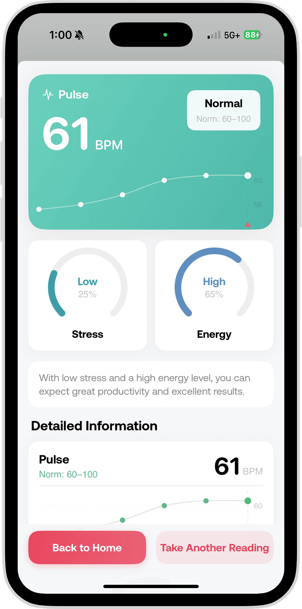 VitalTouch results — heart rate, stress, energy