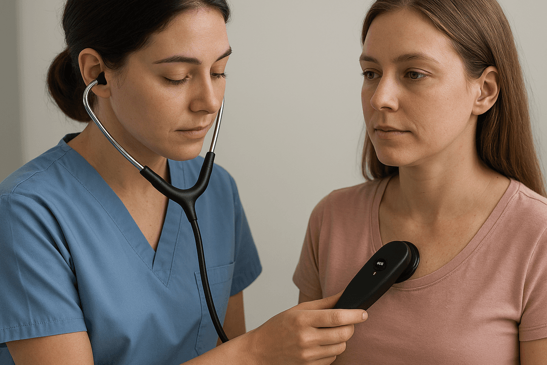 Woman using StethoAI Bluetooth wireless stethoscope for heart monitoring